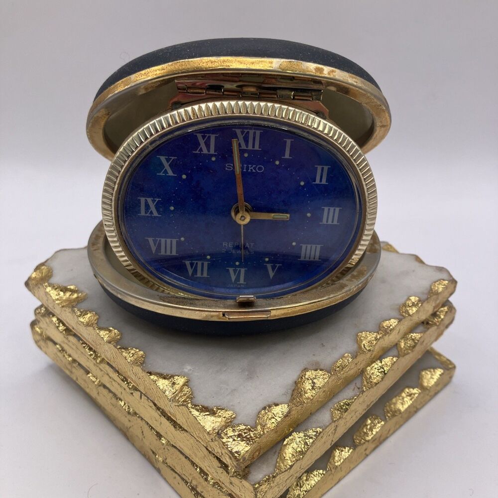 VTG Seiko Repeat 2 Jewels Travel Alarm Clock w/ Case Blue Gold Untested /Repair